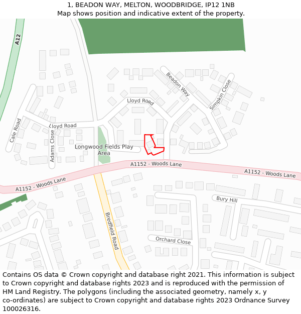 1, BEADON WAY, MELTON, WOODBRIDGE, IP12 1NB: Location map and indicative extent of plot