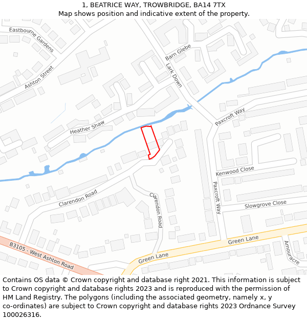 1, BEATRICE WAY, TROWBRIDGE, BA14 7TX: Location map and indicative extent of plot