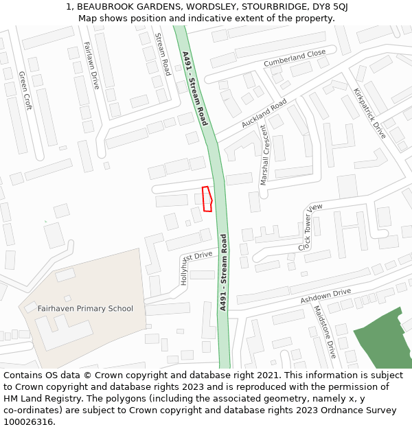 1, BEAUBROOK GARDENS, WORDSLEY, STOURBRIDGE, DY8 5QJ: Location map and indicative extent of plot