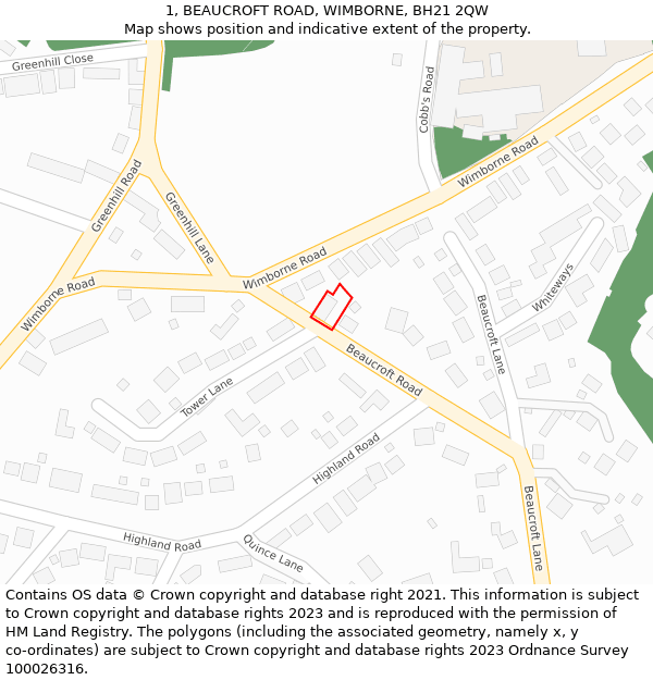 1, BEAUCROFT ROAD, WIMBORNE, BH21 2QW: Location map and indicative extent of plot