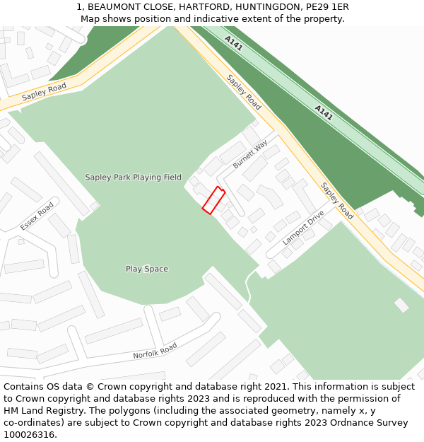 1, BEAUMONT CLOSE, HARTFORD, HUNTINGDON, PE29 1ER: Location map and indicative extent of plot