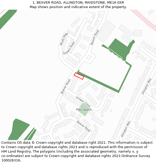 1, BEAVER ROAD, ALLINGTON, MAIDSTONE, ME16 0XR: Location map and indicative extent of plot