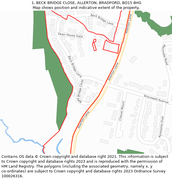 1, BECK BRIDGE CLOSE, ALLERTON, BRADFORD, BD15 8HG: Location map and indicative extent of plot