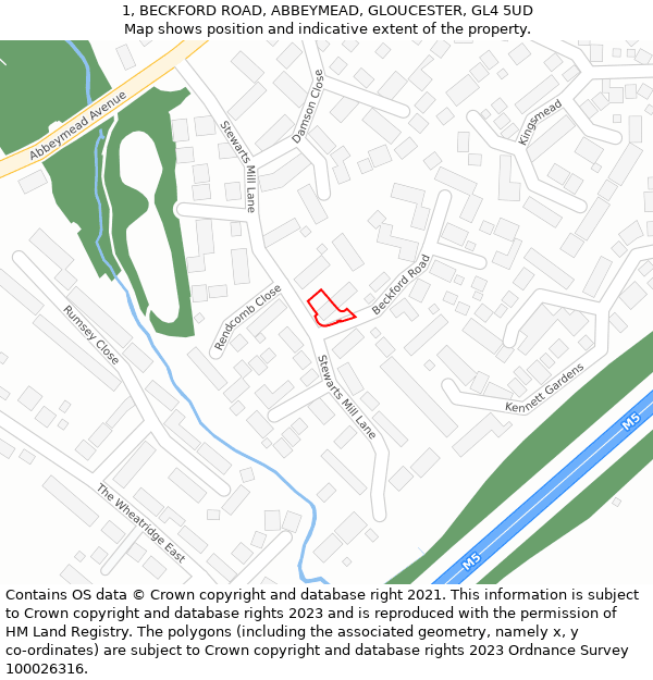 1, BECKFORD ROAD, ABBEYMEAD, GLOUCESTER, GL4 5UD: Location map and indicative extent of plot