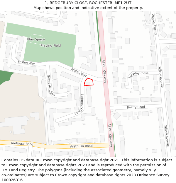 1, BEDGEBURY CLOSE, ROCHESTER, ME1 2UT: Location map and indicative extent of plot