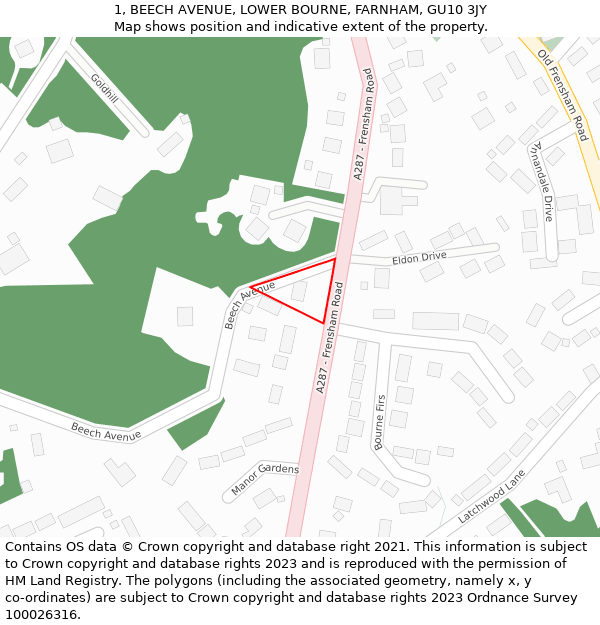 1, BEECH AVENUE, LOWER BOURNE, FARNHAM, GU10 3JY: Location map and indicative extent of plot