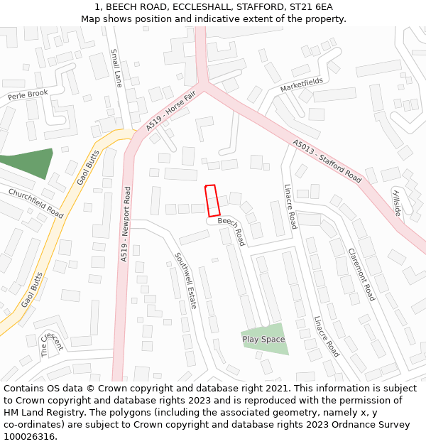 1, BEECH ROAD, ECCLESHALL, STAFFORD, ST21 6EA: Location map and indicative extent of plot