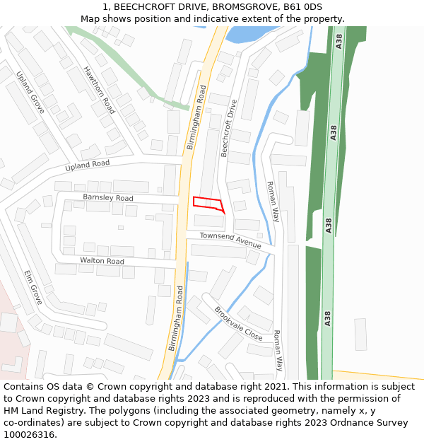 1, BEECHCROFT DRIVE, BROMSGROVE, B61 0DS: Location map and indicative extent of plot