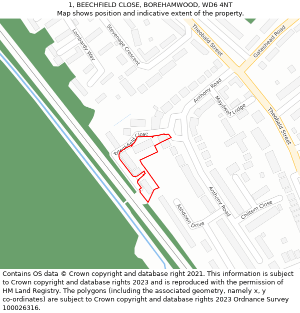 1, BEECHFIELD CLOSE, BOREHAMWOOD, WD6 4NT: Location map and indicative extent of plot