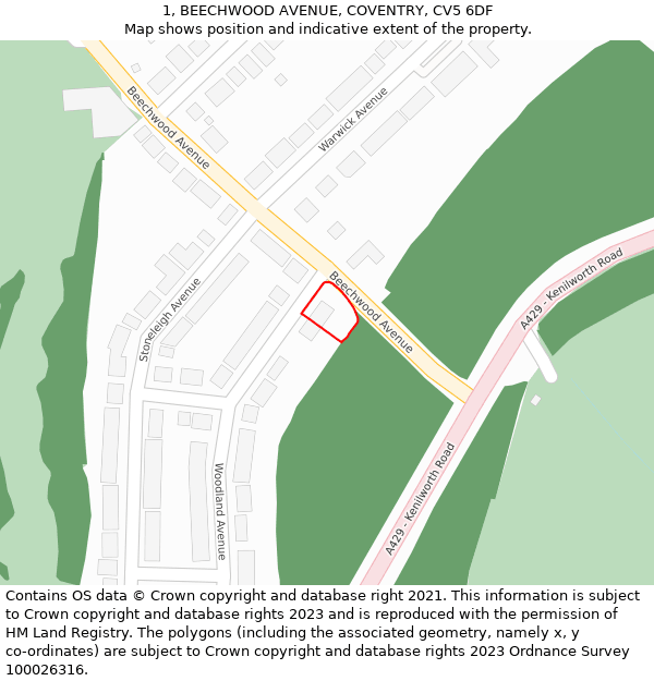 1, BEECHWOOD AVENUE, COVENTRY, CV5 6DF: Location map and indicative extent of plot