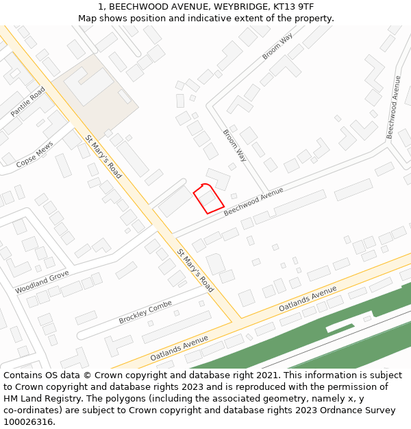 1, BEECHWOOD AVENUE, WEYBRIDGE, KT13 9TF: Location map and indicative extent of plot