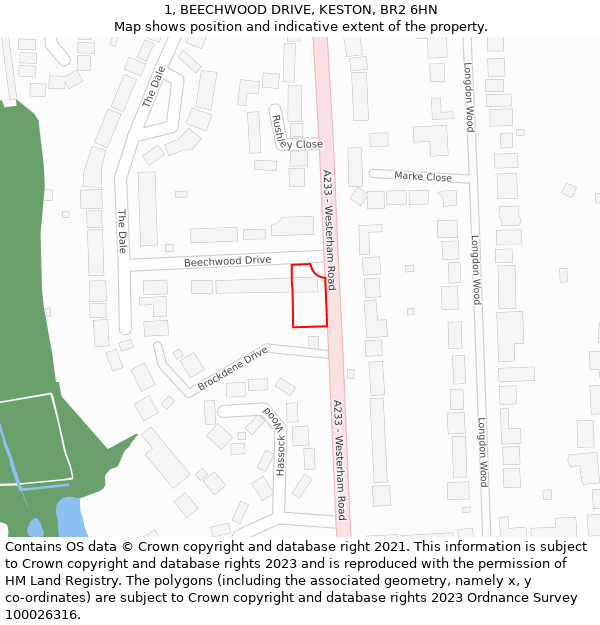 1, BEECHWOOD DRIVE, KESTON, BR2 6HN: Location map and indicative extent of plot