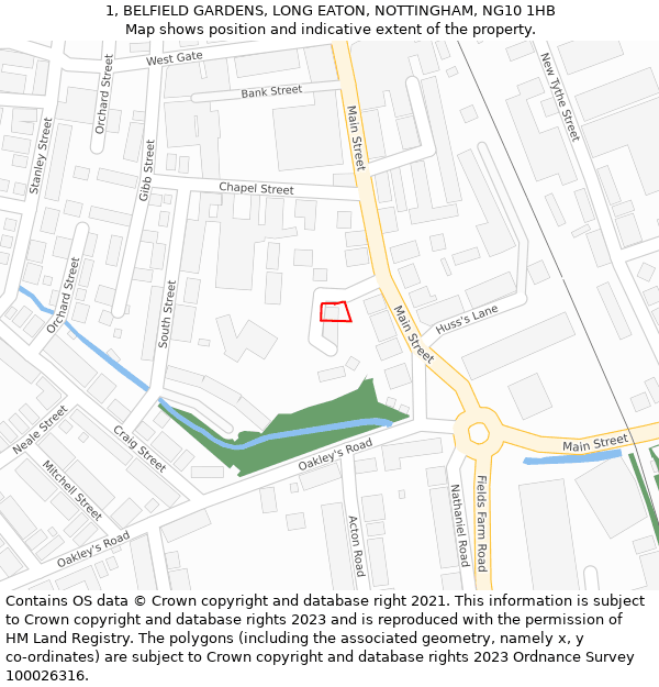 1, BELFIELD GARDENS, LONG EATON, NOTTINGHAM, NG10 1HB: Location map and indicative extent of plot