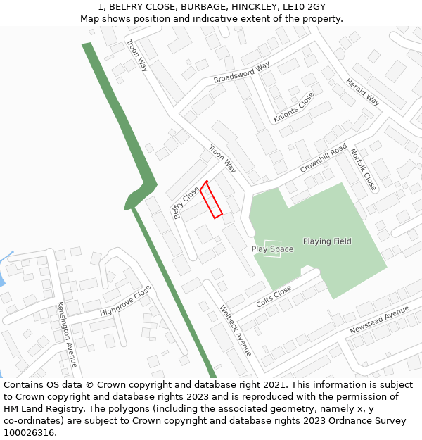 1, BELFRY CLOSE, BURBAGE, HINCKLEY, LE10 2GY: Location map and indicative extent of plot