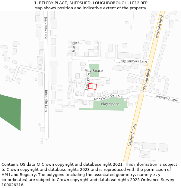 1, BELFRY PLACE, SHEPSHED, LOUGHBOROUGH, LE12 9FP: Location map and indicative extent of plot