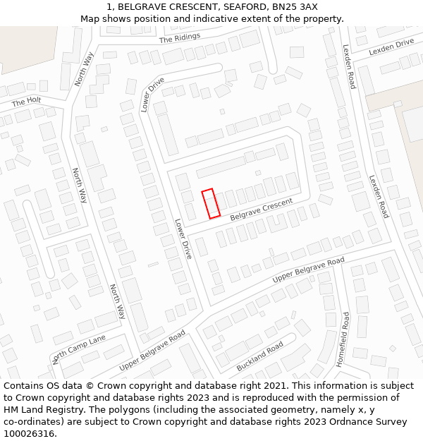 1, BELGRAVE CRESCENT, SEAFORD, BN25 3AX: Location map and indicative extent of plot