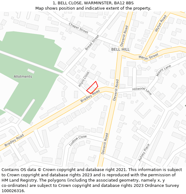 1, BELL CLOSE, WARMINSTER, BA12 8BS: Location map and indicative extent of plot