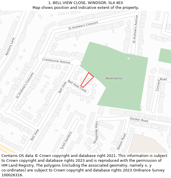 1, BELL VIEW CLOSE, WINDSOR, SL4 4EX: Location map and indicative extent of plot