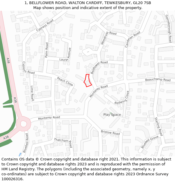 1, BELLFLOWER ROAD, WALTON CARDIFF, TEWKESBURY, GL20 7SB: Location map and indicative extent of plot