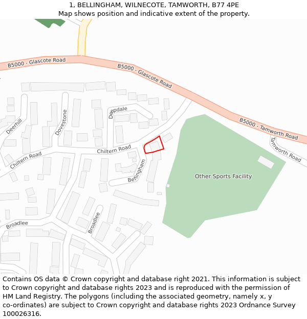 1, BELLINGHAM, WILNECOTE, TAMWORTH, B77 4PE: Location map and indicative extent of plot