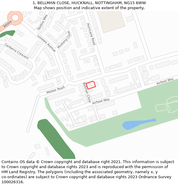 1, BELLMAN CLOSE, HUCKNALL, NOTTINGHAM, NG15 6WW: Location map and indicative extent of plot