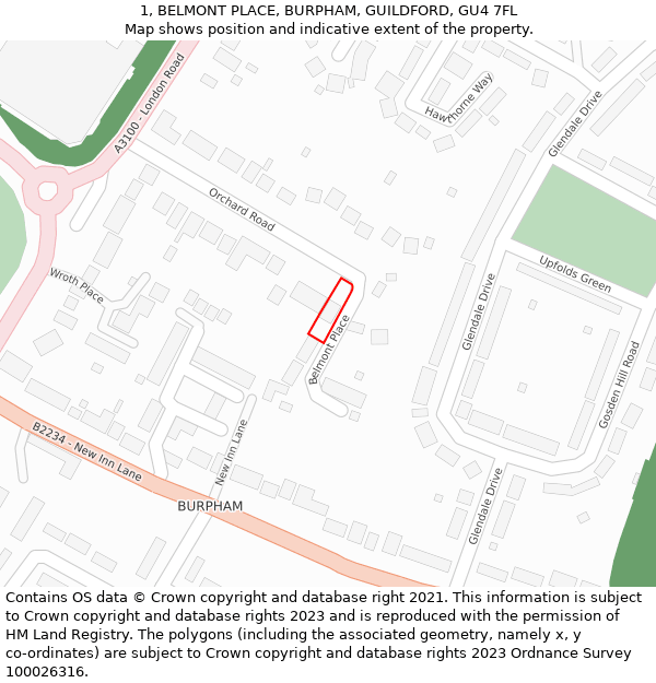 1, BELMONT PLACE, BURPHAM, GUILDFORD, GU4 7FL: Location map and indicative extent of plot