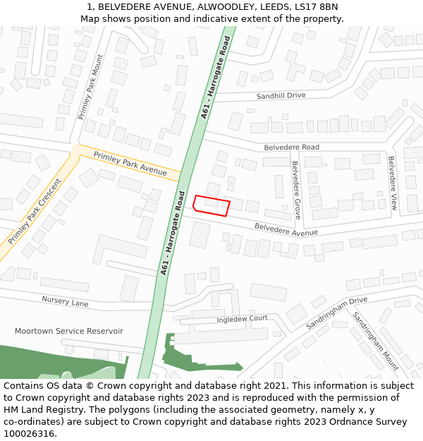 1, BELVEDERE AVENUE, ALWOODLEY, LEEDS, LS17 8BN: Location map and indicative extent of plot