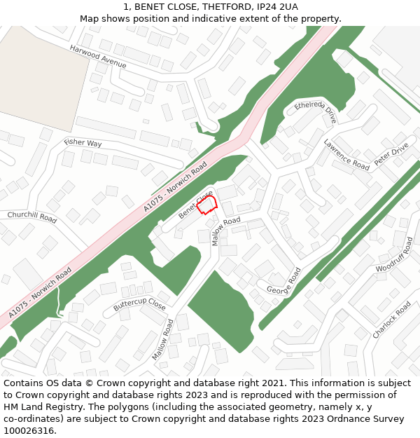 1, BENET CLOSE, THETFORD, IP24 2UA: Location map and indicative extent of plot