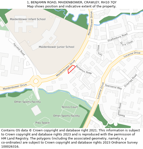 1, BENJAMIN ROAD, MAIDENBOWER, CRAWLEY, RH10 7QY: Location map and indicative extent of plot