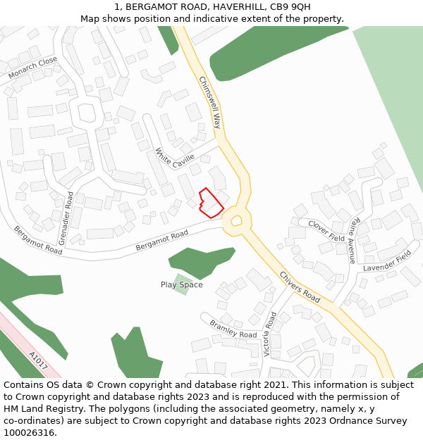 1, BERGAMOT ROAD, HAVERHILL, CB9 9QH: Location map and indicative extent of plot
