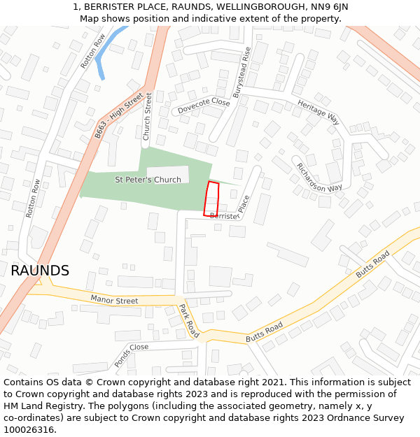 1, BERRISTER PLACE, RAUNDS, WELLINGBOROUGH, NN9 6JN: Location map and indicative extent of plot