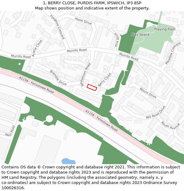 1, BERRY CLOSE, PURDIS FARM, IPSWICH, IP3 8SP: Location map and indicative extent of plot