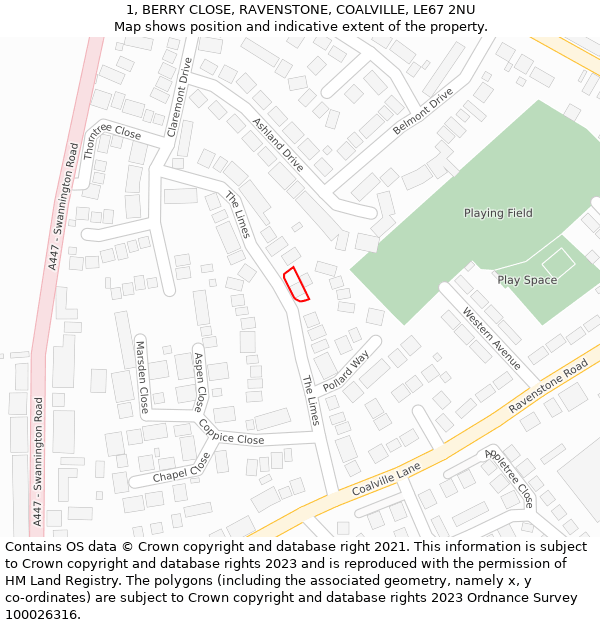 1, BERRY CLOSE, RAVENSTONE, COALVILLE, LE67 2NU: Location map and indicative extent of plot