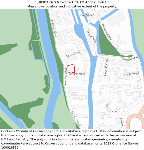 1, BERTHOLD MEWS, WALTHAM ABBEY, EN9 1JS: Location map and indicative extent of plot