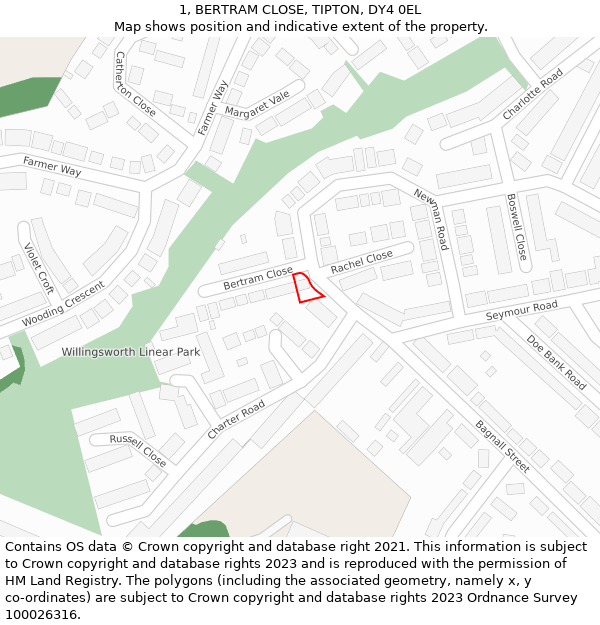 1, BERTRAM CLOSE, TIPTON, DY4 0EL: Location map and indicative extent of plot