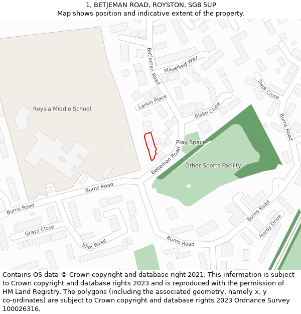 1, BETJEMAN ROAD, ROYSTON, SG8 5UP: Location map and indicative extent of plot