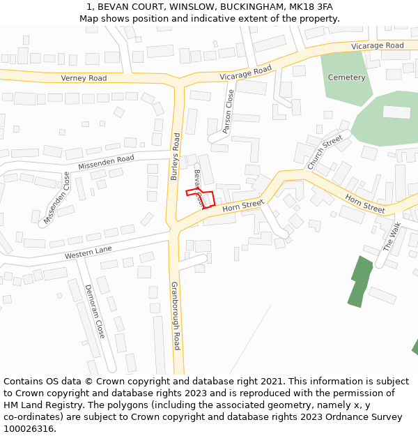 1, BEVAN COURT, WINSLOW, BUCKINGHAM, MK18 3FA: Location map and indicative extent of plot