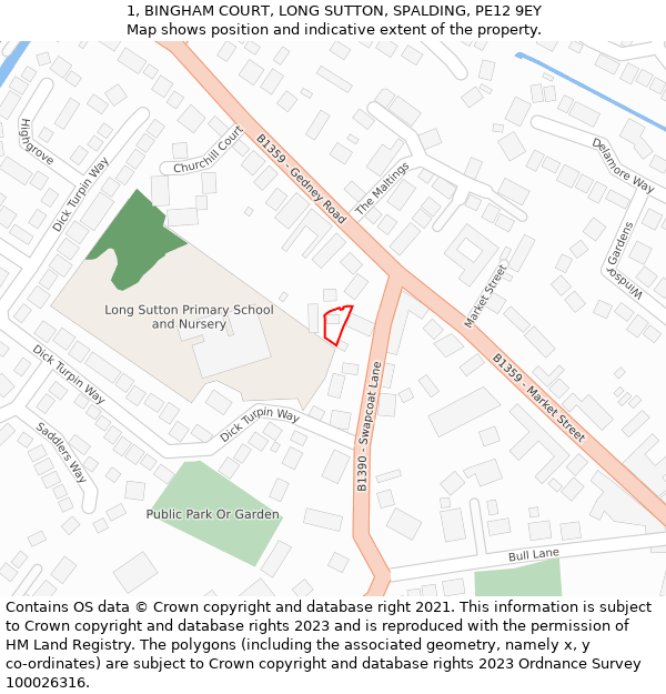 1, BINGHAM COURT, LONG SUTTON, SPALDING, PE12 9EY: Location map and indicative extent of plot