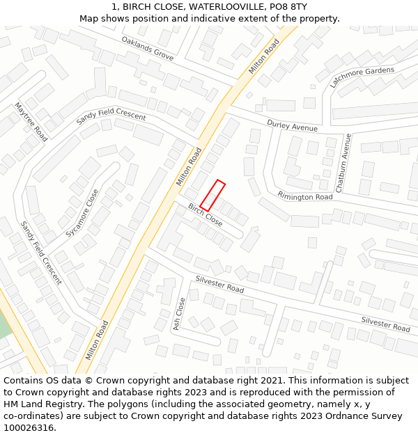 1, BIRCH CLOSE, WATERLOOVILLE, PO8 8TY: Location map and indicative extent of plot