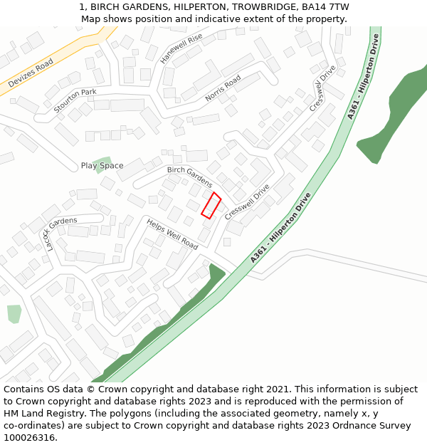 1, BIRCH GARDENS, HILPERTON, TROWBRIDGE, BA14 7TW: Location map and indicative extent of plot