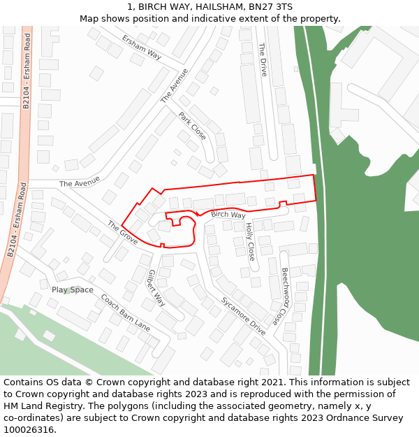 1, BIRCH WAY, HAILSHAM, BN27 3TS: Location map and indicative extent of plot