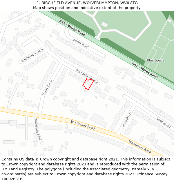 1, BIRCHFIELD AVENUE, WOLVERHAMPTON, WV6 8TG: Location map and indicative extent of plot