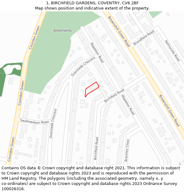 1, BIRCHFIELD GARDENS, COVENTRY, CV6 2BF: Location map and indicative extent of plot