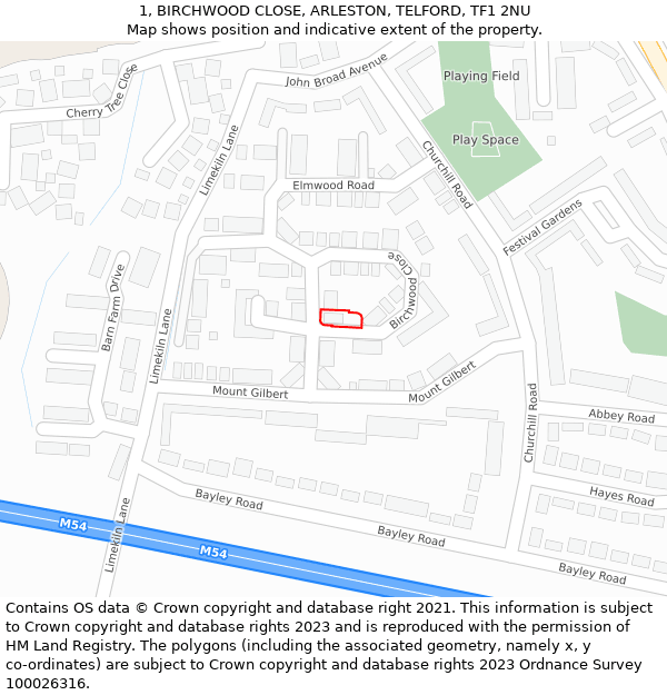 1, BIRCHWOOD CLOSE, ARLESTON, TELFORD, TF1 2NU: Location map and indicative extent of plot