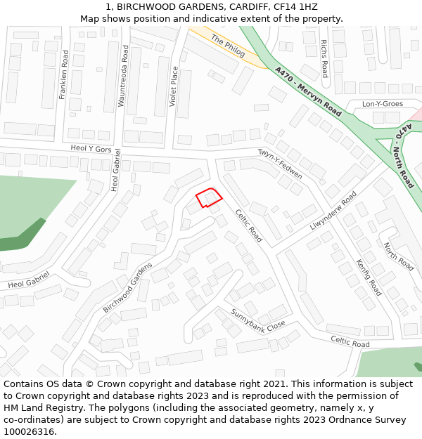 1, BIRCHWOOD GARDENS, CARDIFF, CF14 1HZ: Location map and indicative extent of plot