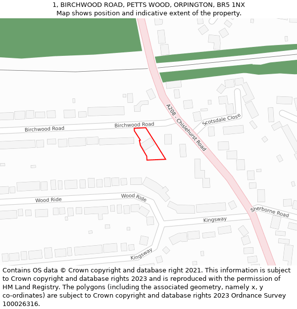 1, BIRCHWOOD ROAD, PETTS WOOD, ORPINGTON, BR5 1NX: Location map and indicative extent of plot