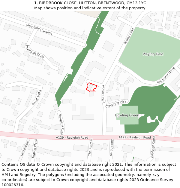 1, BIRDBROOK CLOSE, HUTTON, BRENTWOOD, CM13 1YG: Location map and indicative extent of plot