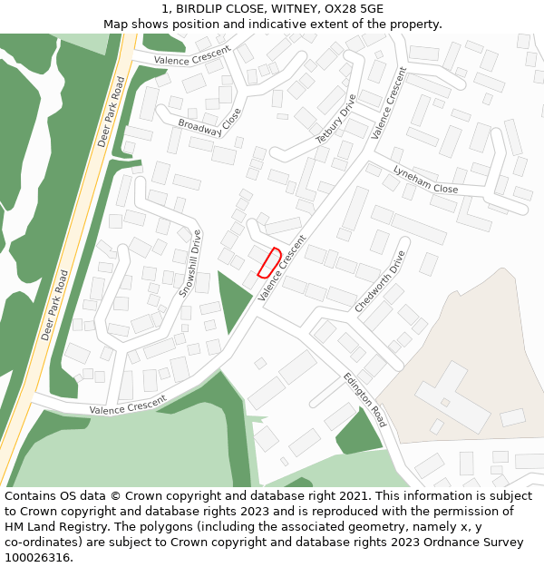 1, BIRDLIP CLOSE, WITNEY, OX28 5GE: Location map and indicative extent of plot