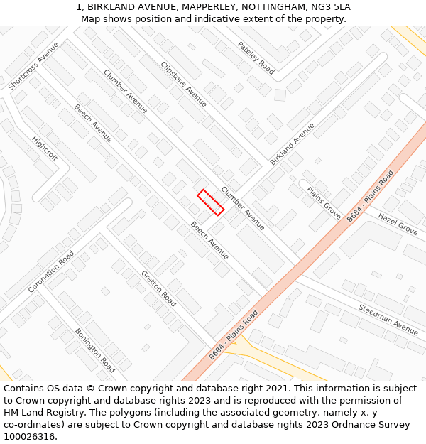 1, BIRKLAND AVENUE, MAPPERLEY, NOTTINGHAM, NG3 5LA: Location map and indicative extent of plot