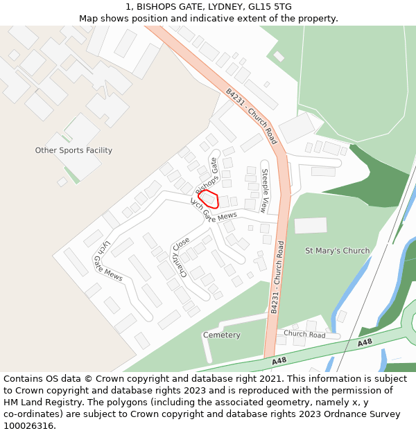 1, BISHOPS GATE, LYDNEY, GL15 5TG: Location map and indicative extent of plot